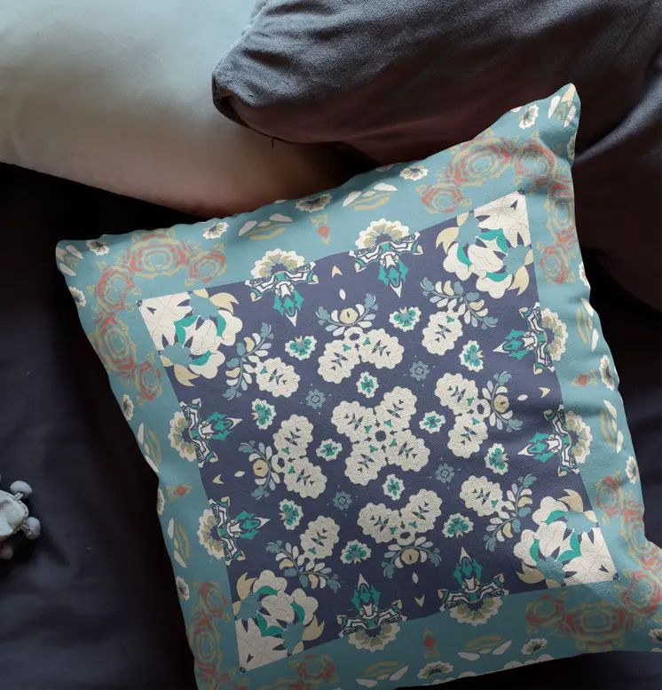20" X 20" Gray And Blue Broadcloth Floral Throw Pillow