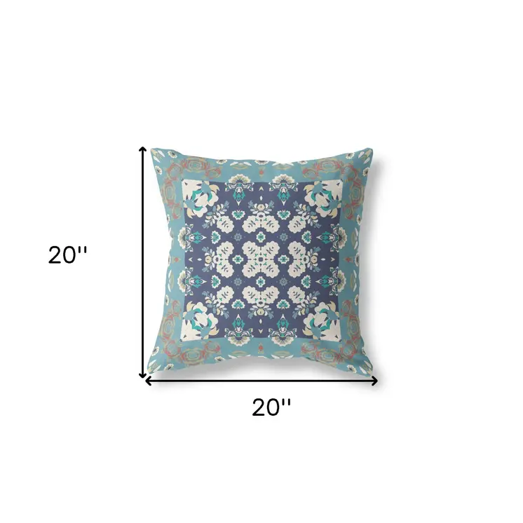 20" X 20" Gray And Blue Broadcloth Floral Throw Pillow
