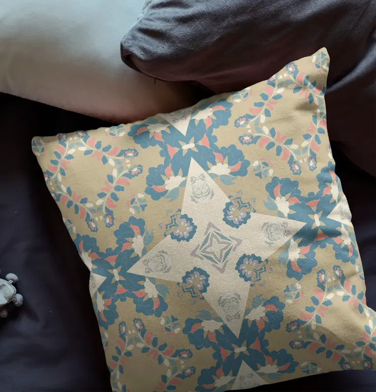 26" X 26" Muted Yellow And Teal Broadcloth Floral Throw Pillow
