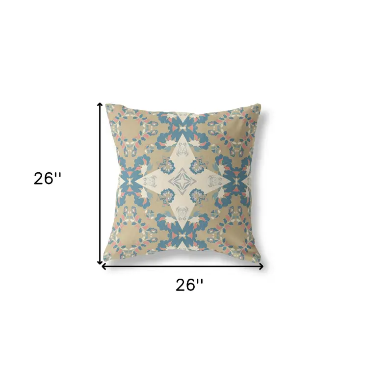 26" X 26" Muted Yellow And Teal Broadcloth Floral Throw Pillow