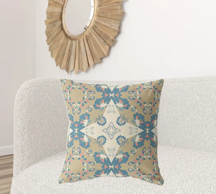 26" X 26" Muted Yellow And Teal Broadcloth Floral Throw Pillow