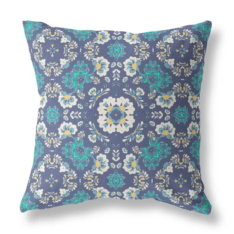 20" X 20" Blue And White Broadcloth Floral Throw Pillow