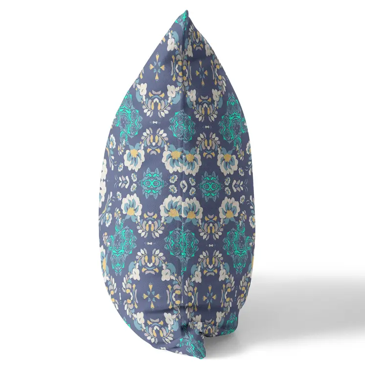 20" X 20" Blue And White Broadcloth Floral Throw Pillow