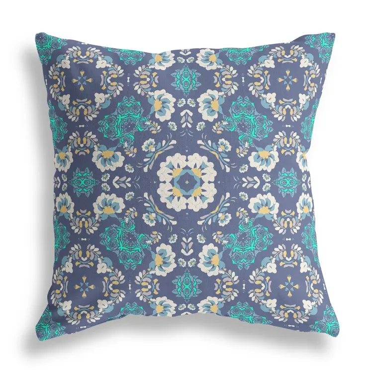 20" X 20" Blue And White Broadcloth Floral Throw Pillow