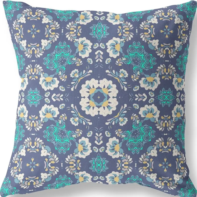 20" X 20" Blue And White Broadcloth Floral Throw Pillow