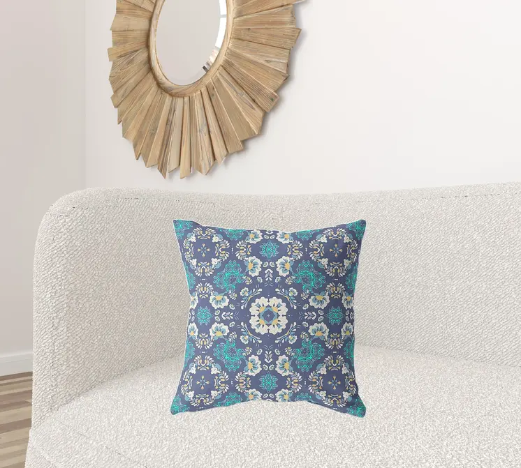 20" X 20" Blue And White Broadcloth Floral Throw Pillow