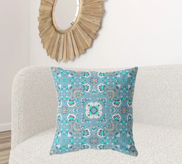 26" X 26" Light Blue Broadcloth Floral Throw Pillow