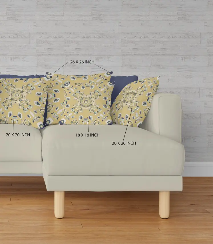 18" X 18" Yellow And Blue Broadcloth Floral Throw Pillow