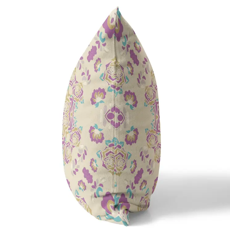 20" X 20" Off White And Purple Broadcloth Floral Throw Pillow