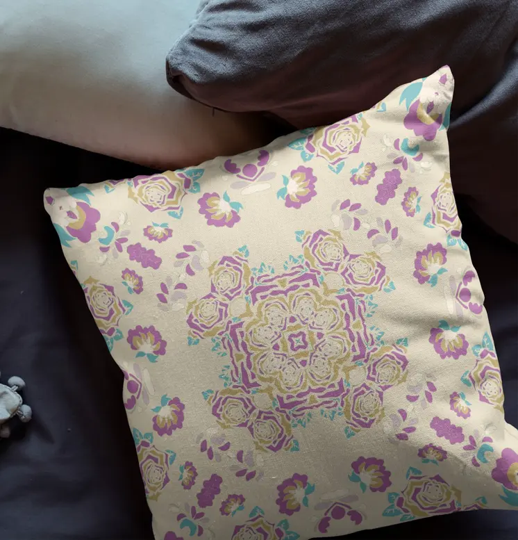 20" X 20" Off White And Purple Broadcloth Floral Throw Pillow