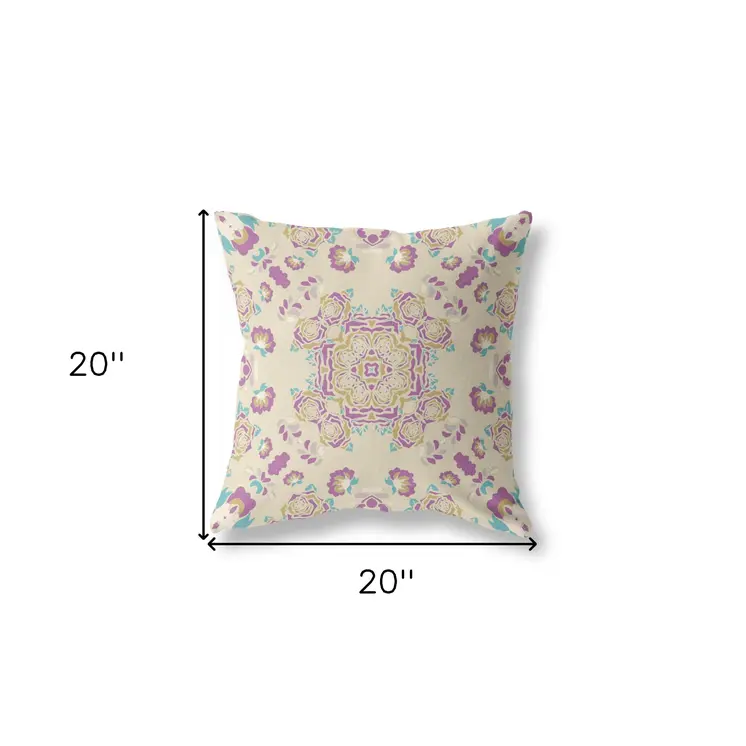 20" X 20" Off White And Purple Broadcloth Floral Throw Pillow
