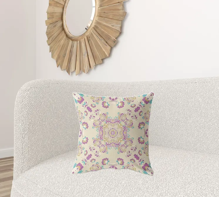 20" X 20" Off White And Purple Broadcloth Floral Throw Pillow