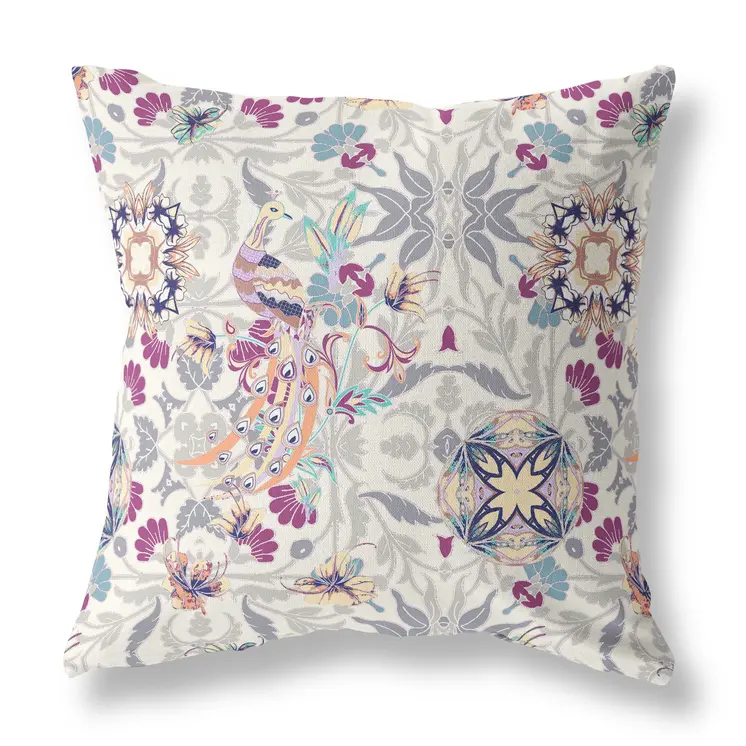 20" X 20" Off White And Pink Broadcloth Floral Throw Pillow