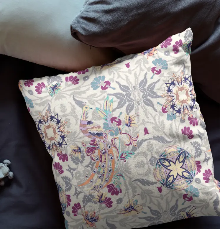 20" X 20" Off White And Pink Broadcloth Floral Throw Pillow