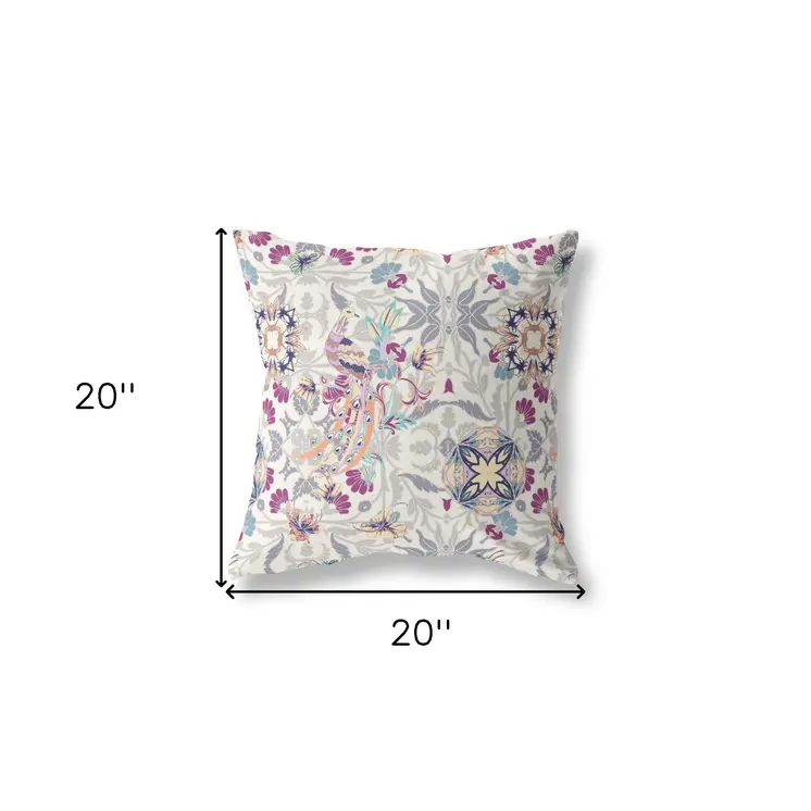 20" X 20" Off White And Pink Broadcloth Floral Throw Pillow