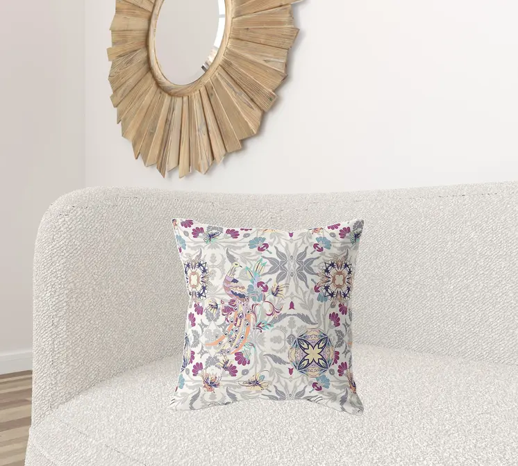 20" X 20" Off White And Pink Broadcloth Floral Throw Pillow