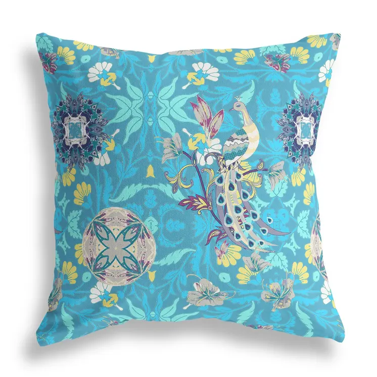 28" X 28" Blue And Turquoise Broadcloth Floral Throw Pillow