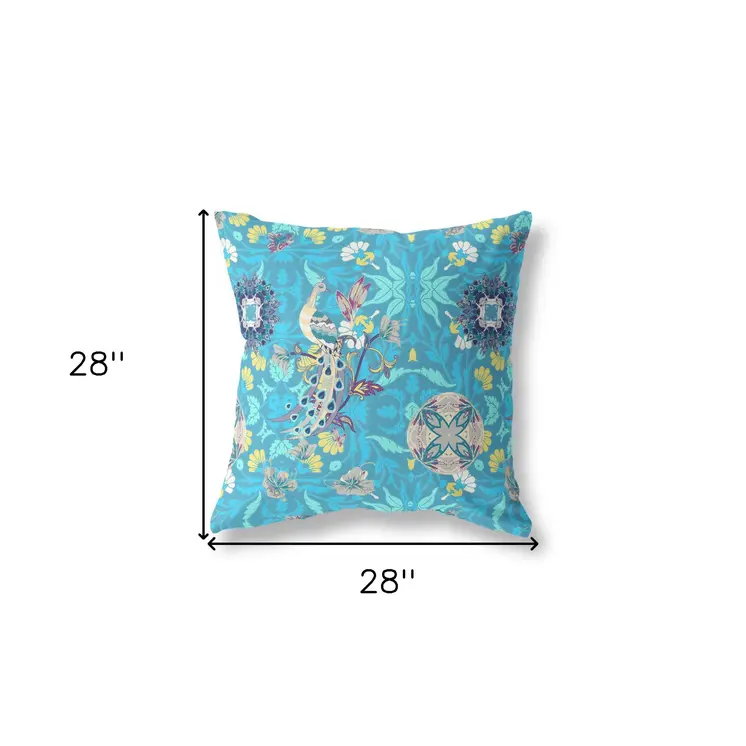 28" X 28" Blue And Turquoise Broadcloth Floral Throw Pillow