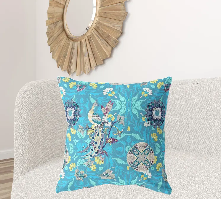 28" X 28" Blue And Turquoise Broadcloth Floral Throw Pillow