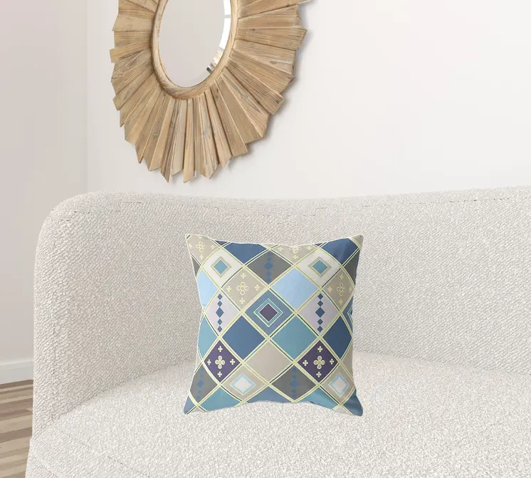 18" X 18" Blue And Gold Broadcloth Floral Throw Pillow