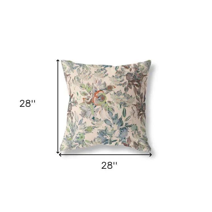 28" X 28" Green And Brown Broadcloth Floral Throw Pillow