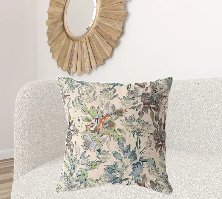 28" X 28" Green And Brown Broadcloth Floral Throw Pillow