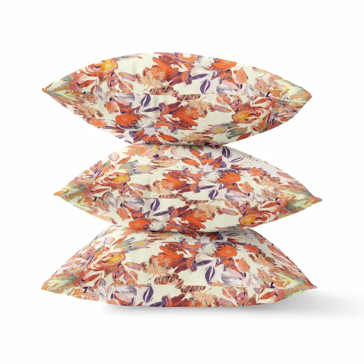 16" X 16" Red, Peach And Cream Broadcloth Floral Throw Pillow