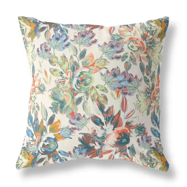 18" X 18" White, Yellow And Green Broadcloth Floral Throw Pillow