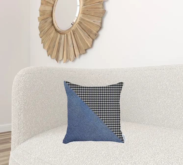 18" X 18" Black And Blue Houndstooth Zippered Handmade Polyester Throw Pillow Cover