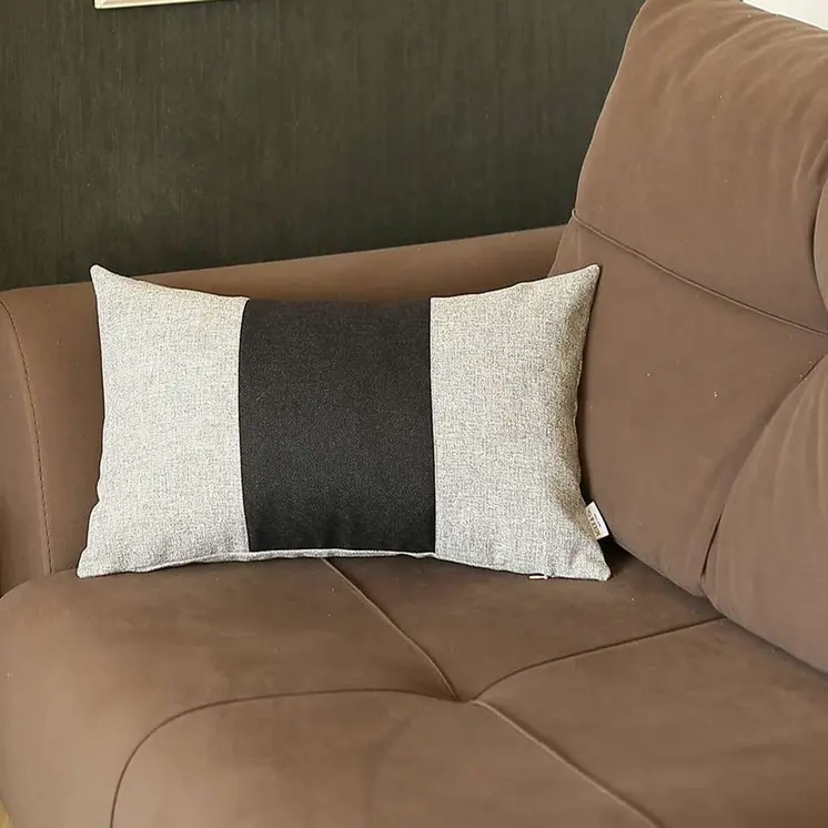 12" X 20" Black And Grey Geometric Zippered Handmade Polyester Lumbar Pillow Cover
