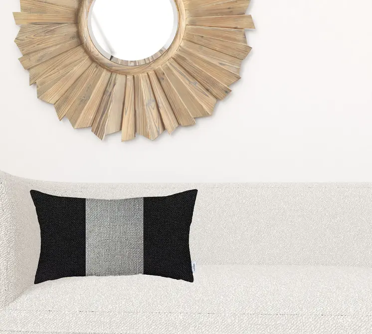 12" X 20" Black And Grey Geometric Zippered Handmade Polyester Lumbar Pillow Cover