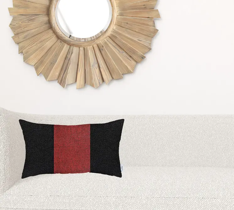 12" X 20" Black And Red Geometric Zippered Handmade Polyester Lumbar Pillow Cover