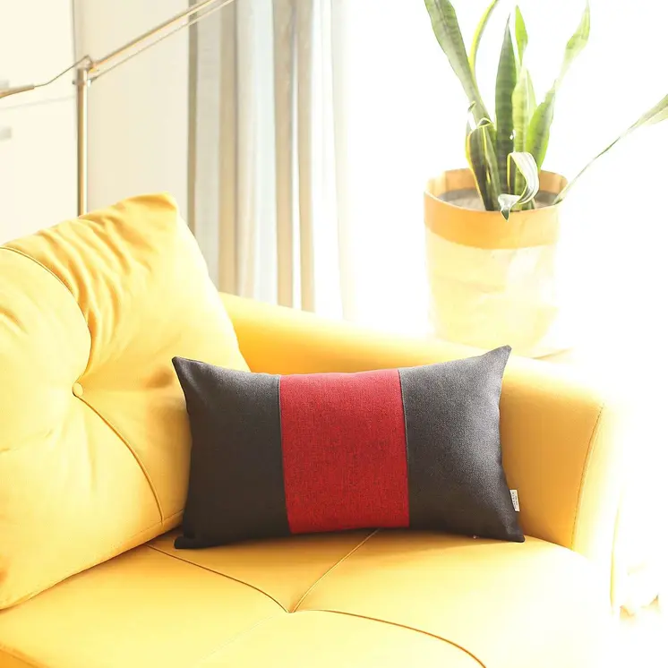 12" X 20" Black And Red Geometric Zippered Handmade Polyester Lumbar Pillow Cover