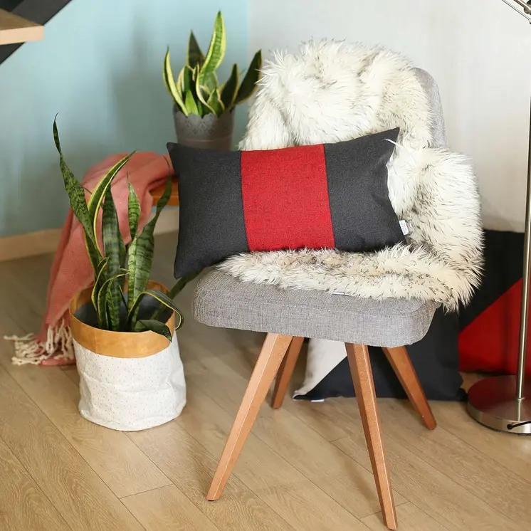 12" X 20" Black And Red Geometric Zippered Handmade Polyester Lumbar Pillow Cover