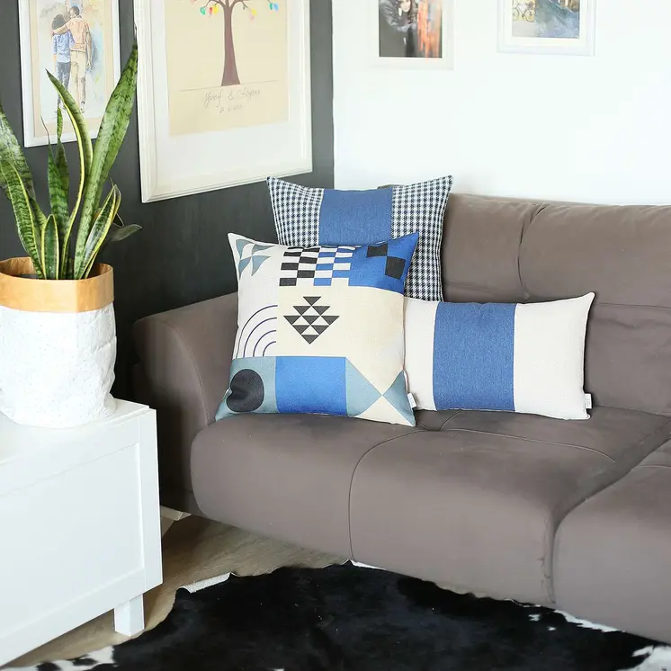 12" X 20" Grey And Blue Geometric Zippered Handmade Polyester Lumbar Pillow Cover