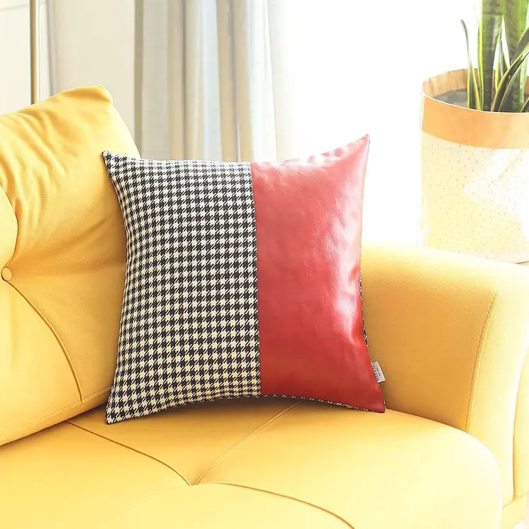 18" Red Black and White Houndstooth Faux Leather And Fabric Throw Pillow Cover