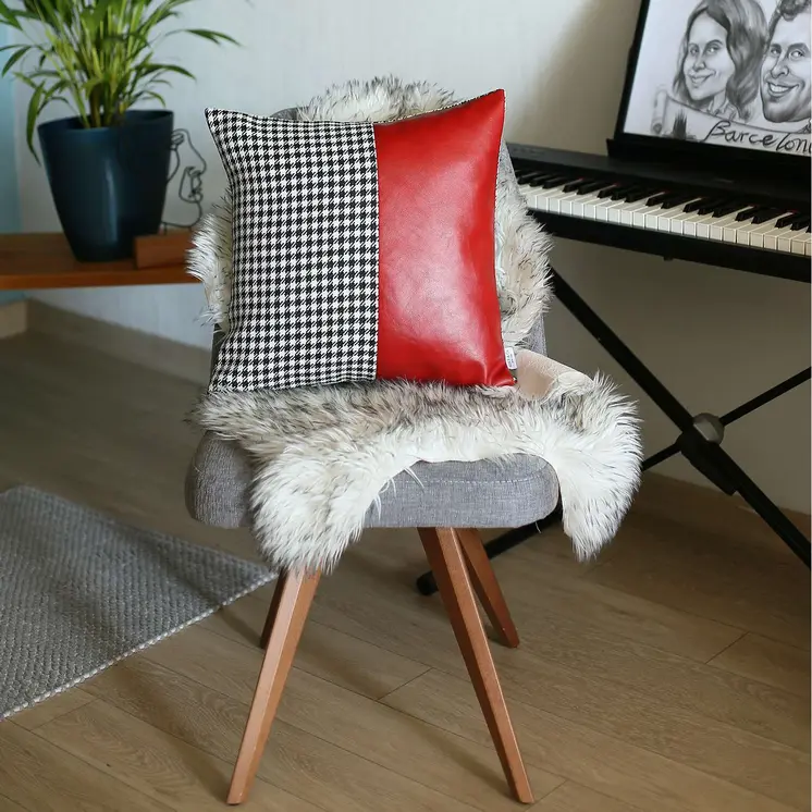 18" Red Black and White Houndstooth Faux Leather And Fabric Throw Pillow Cover