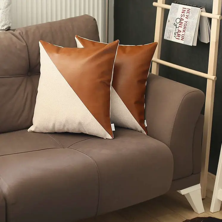 Set of Two 18" Brown And Ivory Faux Leather And Fabric Throw Pillows