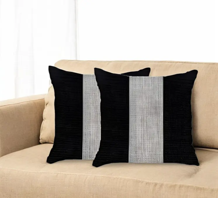 Set Of Two 18" X 18" Grey And Black Geometric Zippered Handmade Polyester Throw Pillow