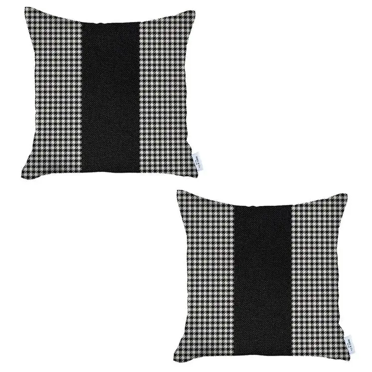 Set Of Two 18" X 18" White And Black Houndstooth Zippered Handmade Polyester Throw Pillow