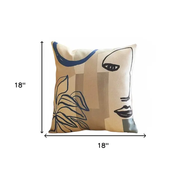 Set of Two 18" Ivory Blue and Gray Abstract Face Fabric Throw Pillows