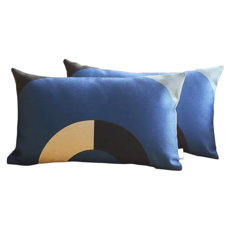 Set of Two 12" X 20" Blue Black and Beige Geometric Fabric Lumbar Throw Pillows