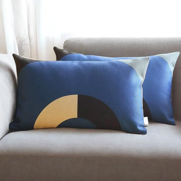 Set of Two 12" X 20" Blue Black and Beige Geometric Fabric Lumbar Throw Pillows