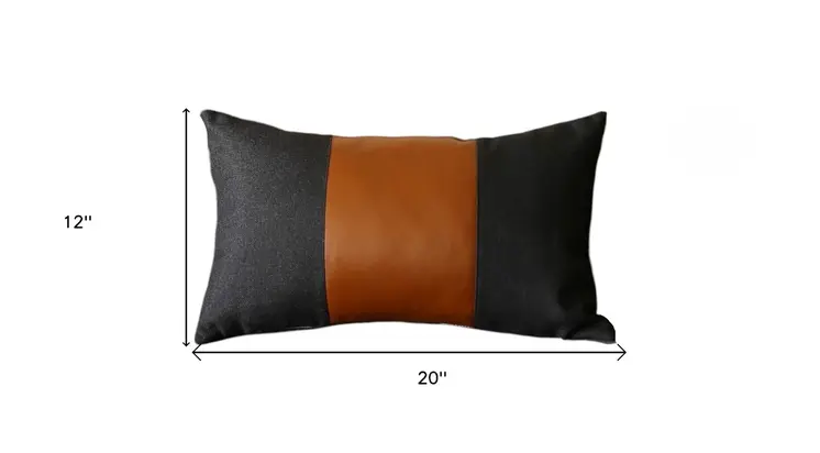 Set of Four 12" X 20" Black and Brown Color Block Fabric and Faux Leather Lumbar Throw Pillows