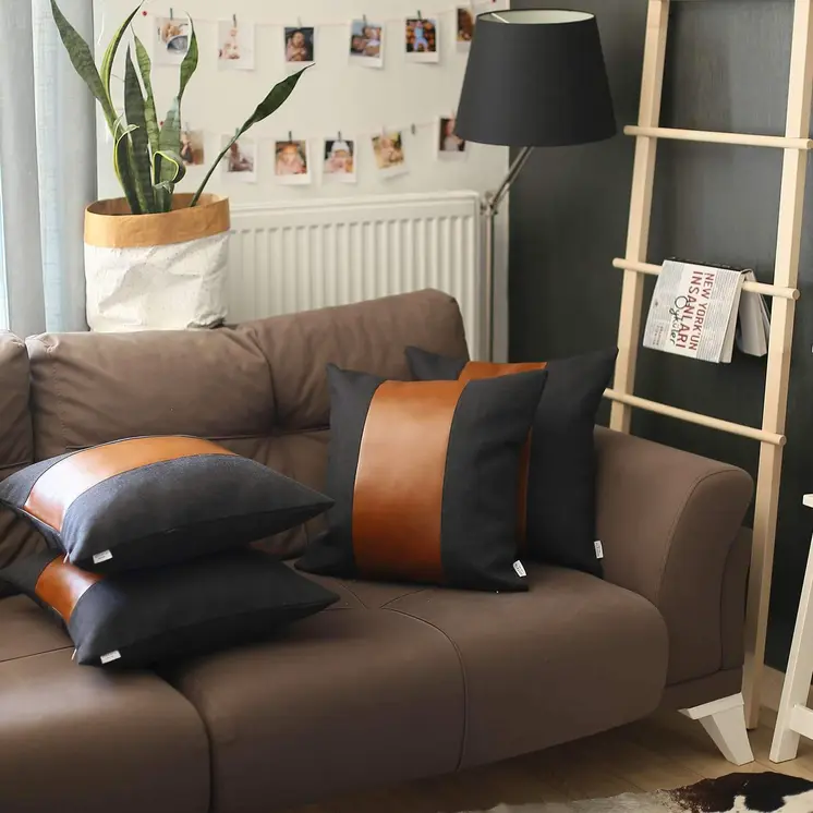 Set of Four 18" Brown And Black Faux Leather And Fabric Throw Pillows