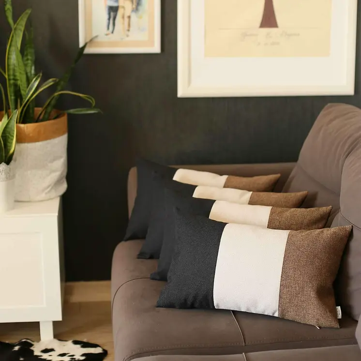 Set of Four 12" X 20" Brown and Black Fabrc Lumbar Throw Pillows