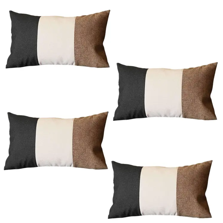 Set of Four 12" X 20" Brown and Black Fabrc Lumbar Throw Pillows