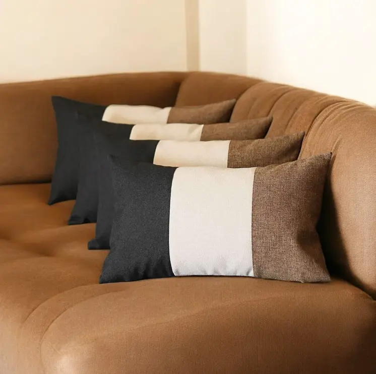 Set of Four 12" X 20" Brown and Black Fabrc Lumbar Throw Pillows