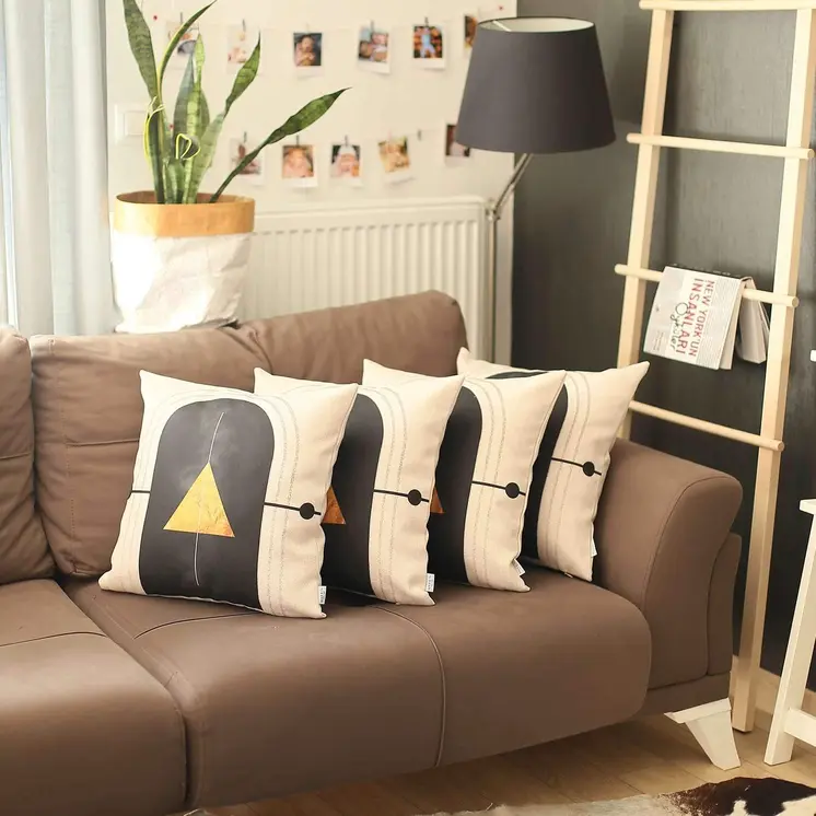 Set of Four 18" Ivory Black and Gold Geometric Fabric Throw Pillows