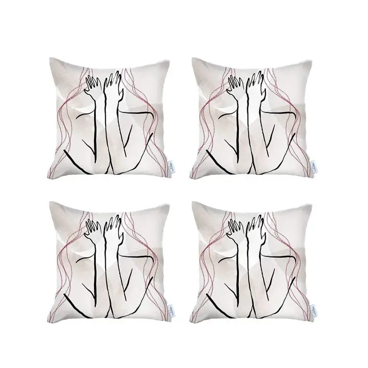 Set Of Four 18" X 18" Black And Grey Abstract Zippered Handmade Polyester Throw Pillow